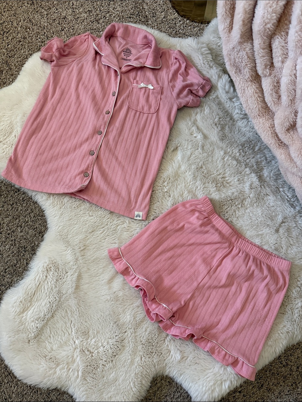 Girls Pink Short Sleeve Ribbed Pajama Set size 10